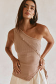 Tan One Shoulder Button Ribbed Ria Top