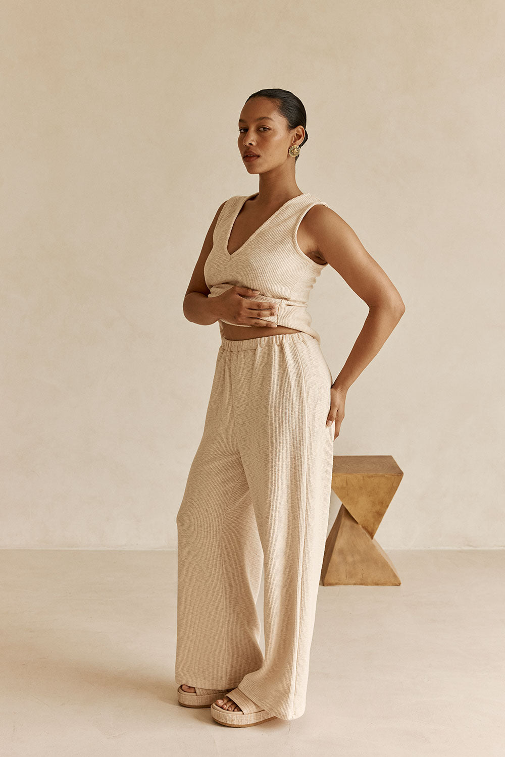 Beige Ribbed High Waist Liora Pants