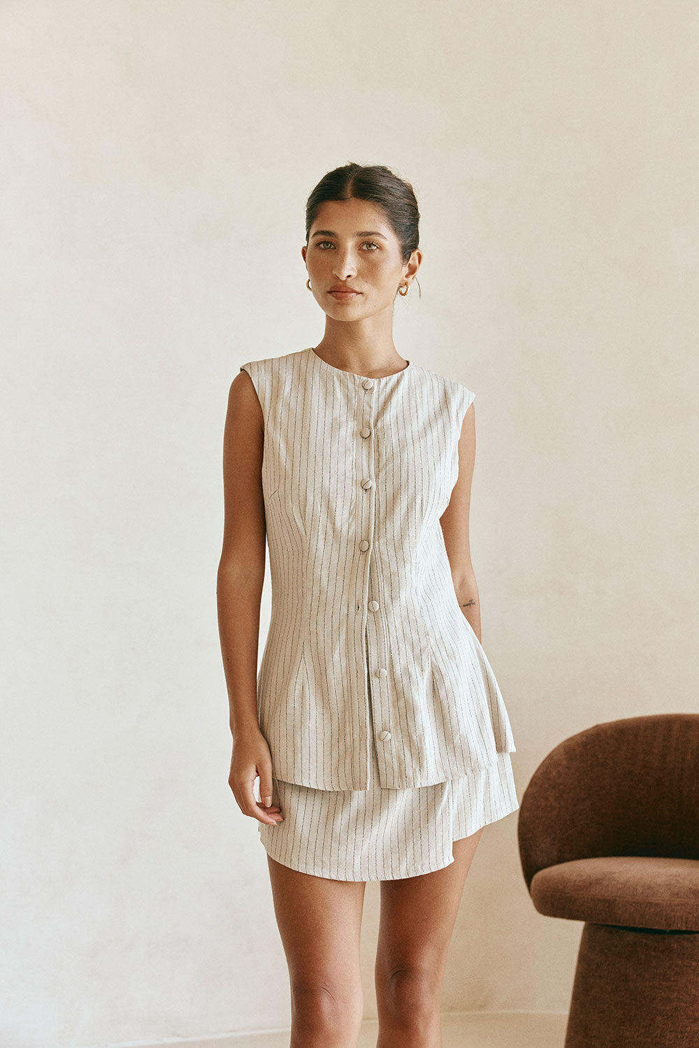 Beige Linen Blend Button Up Longline Zinnie Top