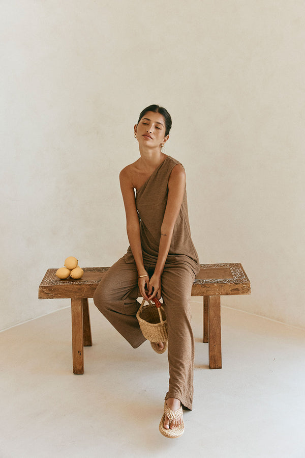 Chocolate Brown One Shoulder Side Tie Zen Top