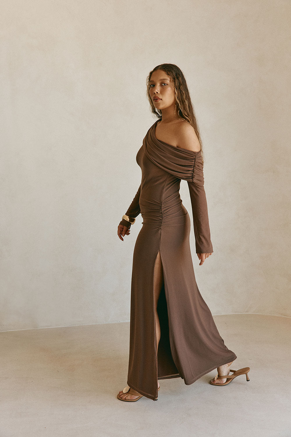 Chocolate Brown One Shoulder Long Sleeve Maxi Tasmin Dress