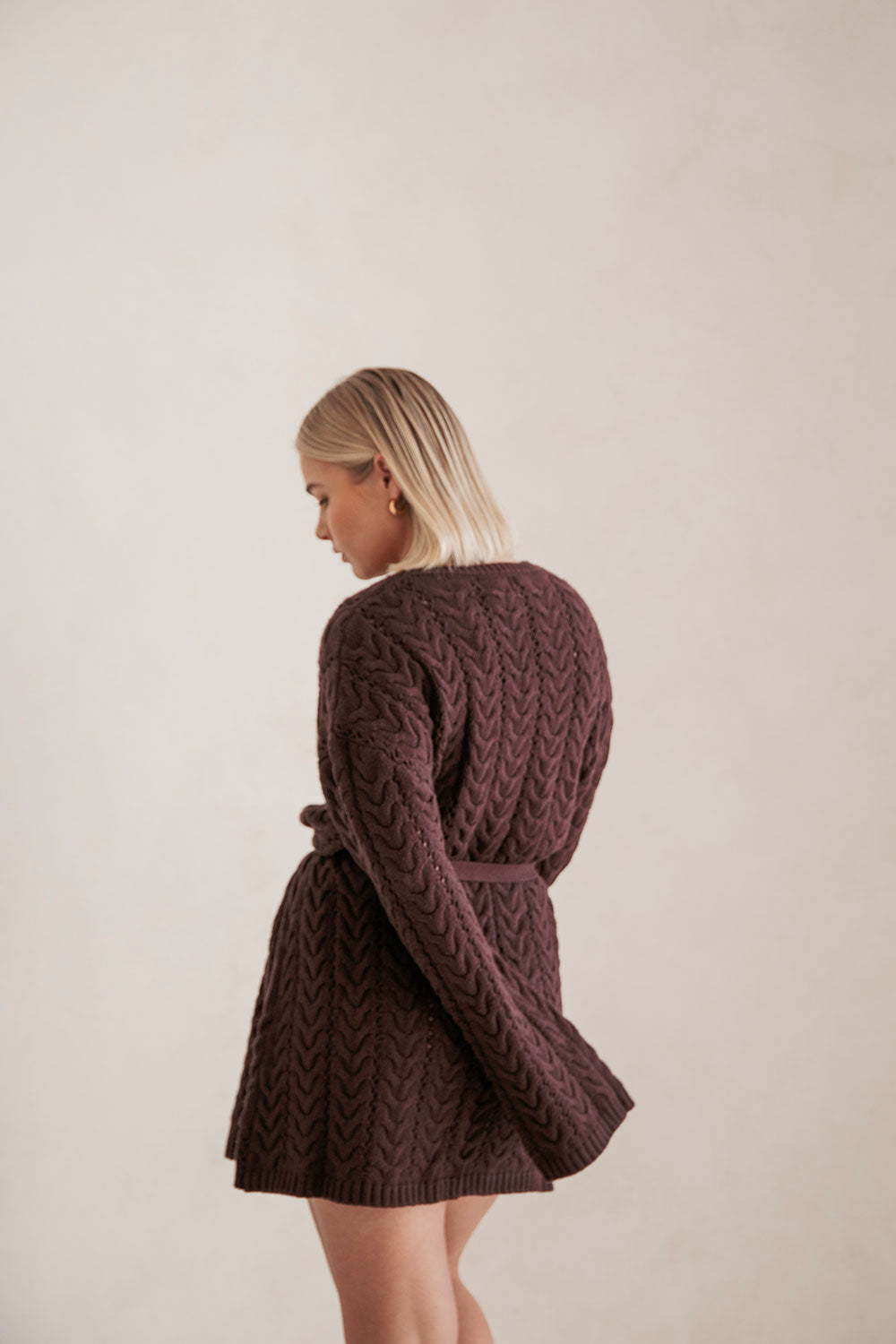 Brown Cable Knit Long Sleeve Tie Mini Sophie Dress