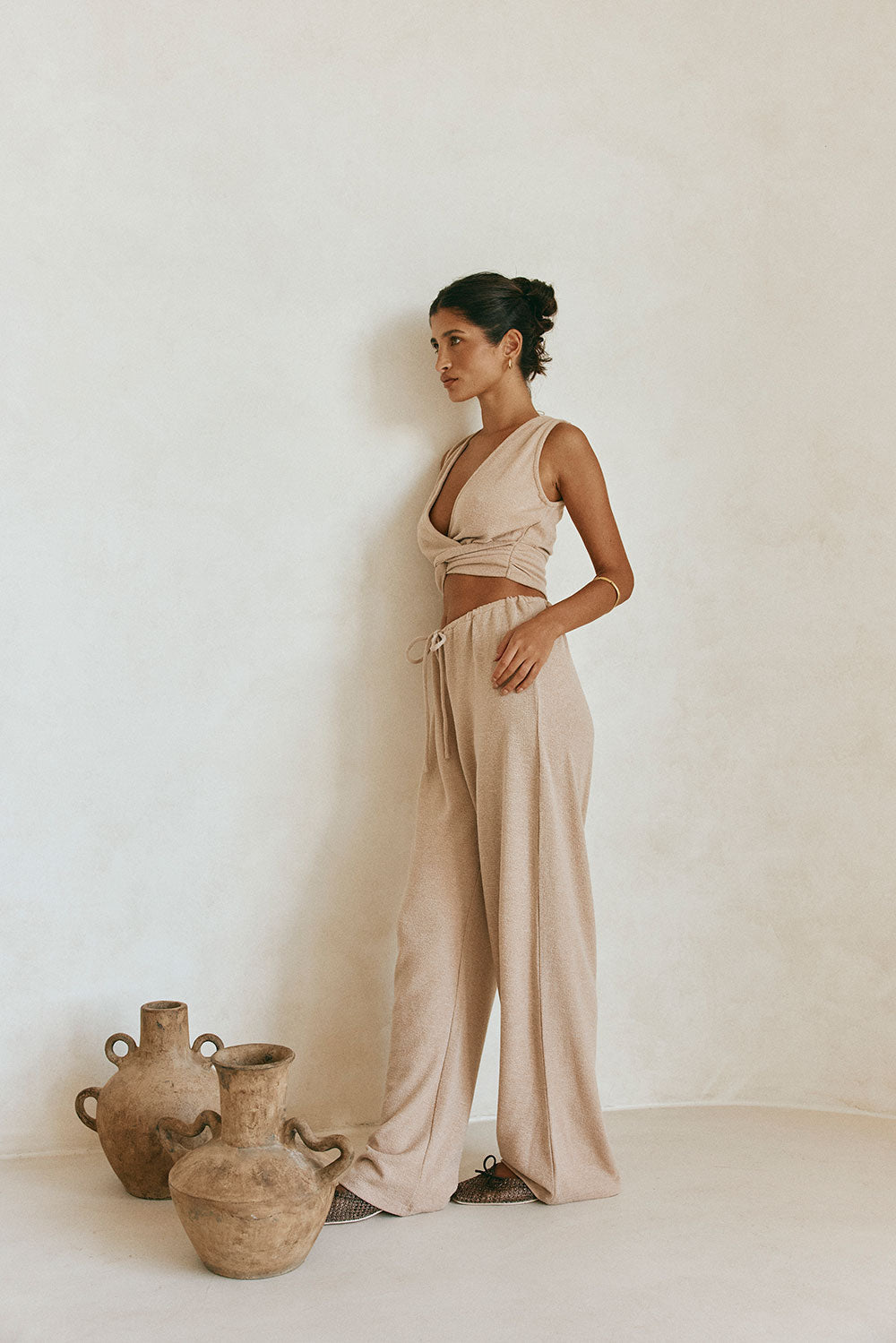 Tan Plunge V Neck Cutout Wrap Crop Sierra Top