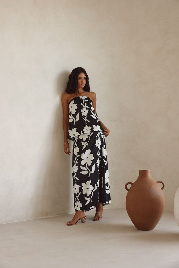 Black Alma Caroline Floral Print Strapless Elora Top