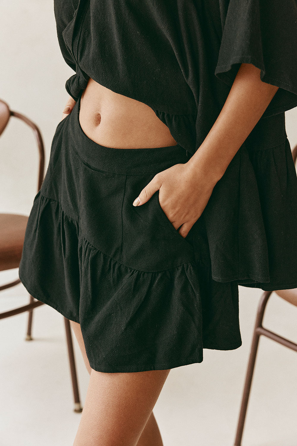 Black High Waist Gathered Flounce Panel Luna Shorts