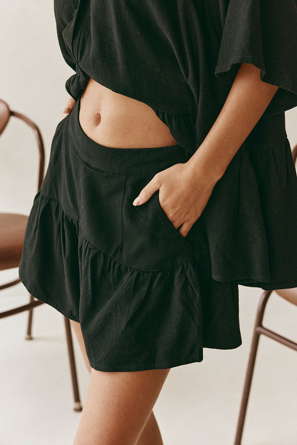 Black High Waist Gathered Flounce Panel Luna Shorts