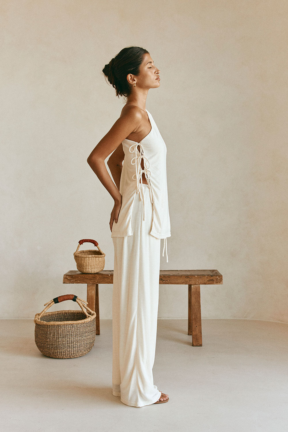 Cream One Shoulder Side Tie Zen Top