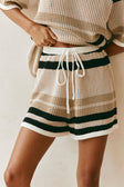 Quinn Elasticated Tie Front Stripe Shorts - Tan, Beige, Black Stripe