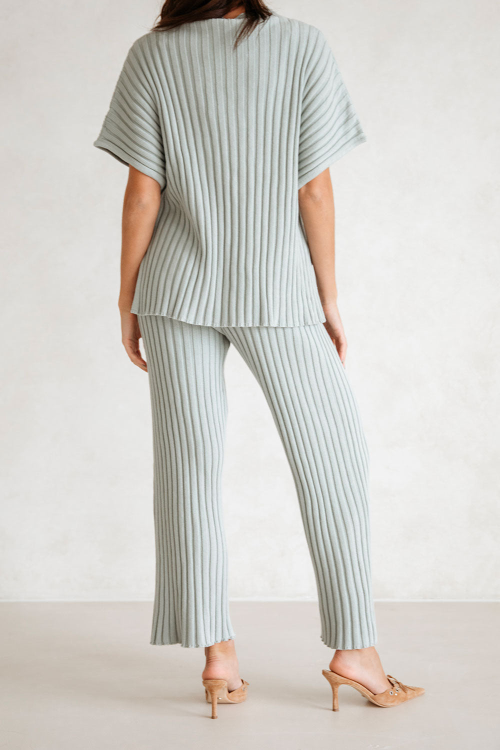 Grey Ribbed Knit High Waist Elastic Celine Pants