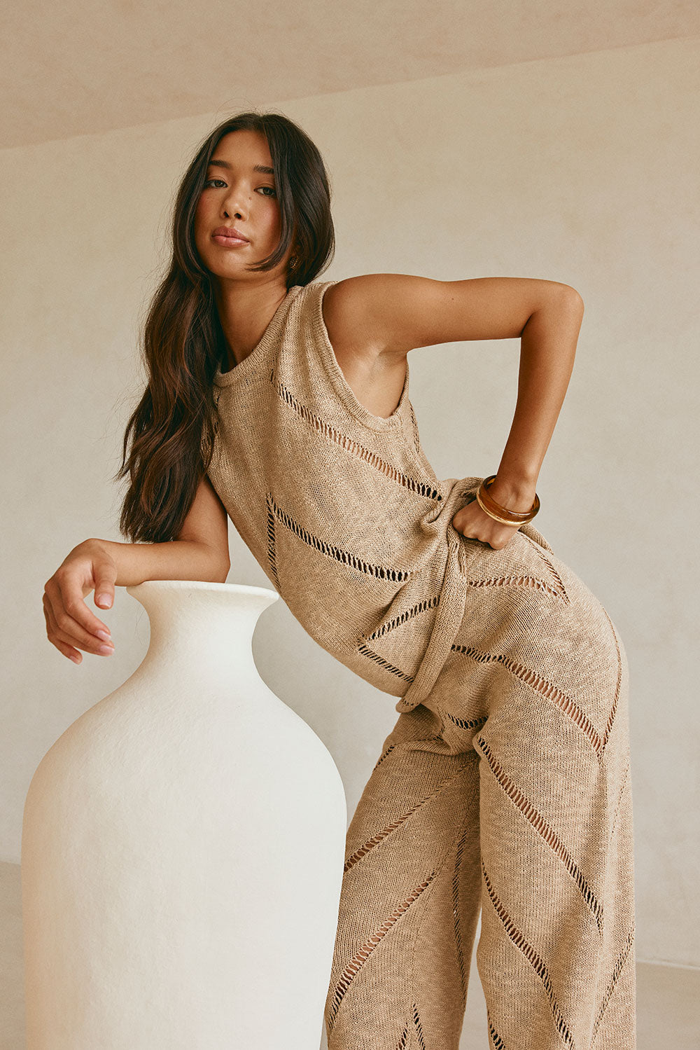 Tan Knit High Waist Ladder Pannel Josiah Pants