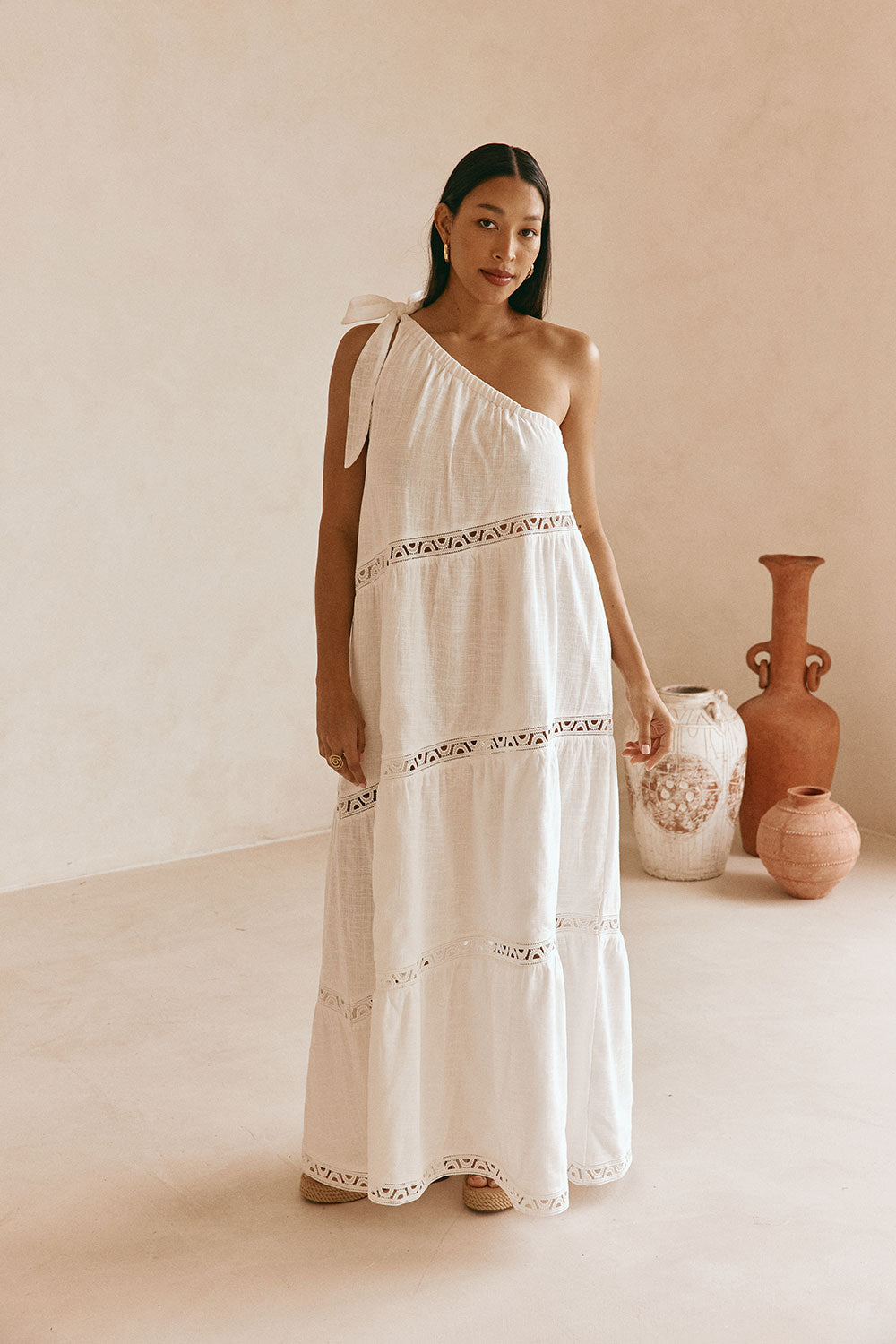 White Cotton One Shoulder Flouncy Maxi Juliette Dress