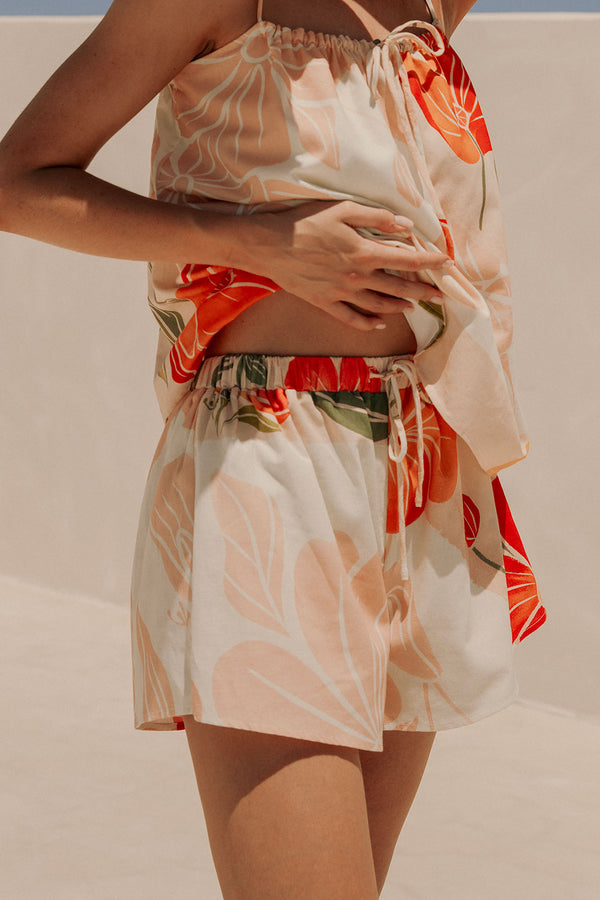 Jetta Tie Shorts - Petal Scarf Pink, White, Orange