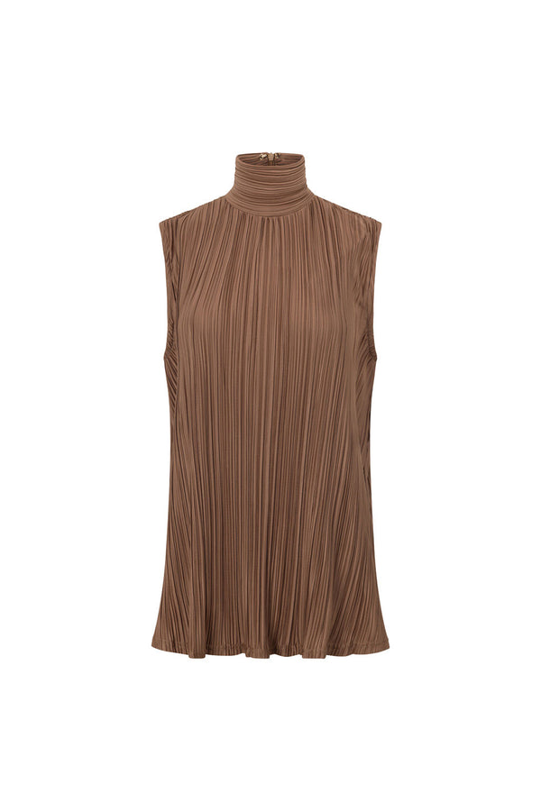 Brown Silky Pleat Turtleneck Catalyna Top