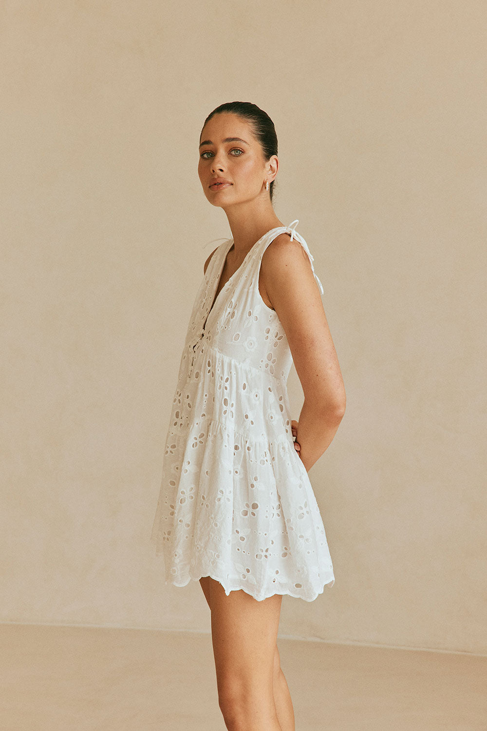 White Button V Neck Mini Kai Dress