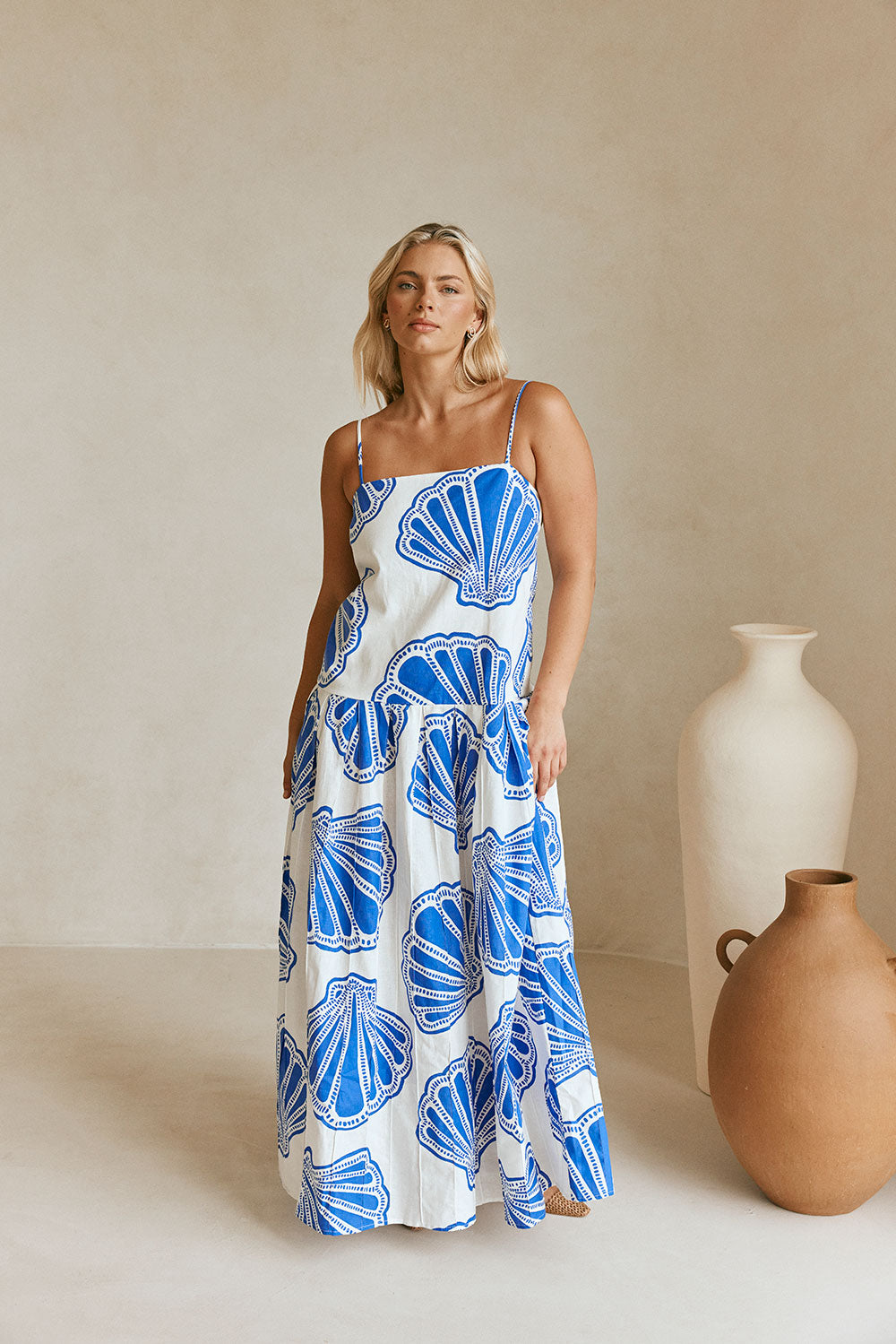 Bette Thin Strap Maxi Dress - Seashell Print, Blue, White