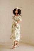 Leesa Puff Sleeve Midi Corset Dress - Floral Print White, Green