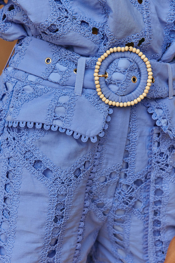 Blue Cotton Cutwork Belt Alyce Shorts