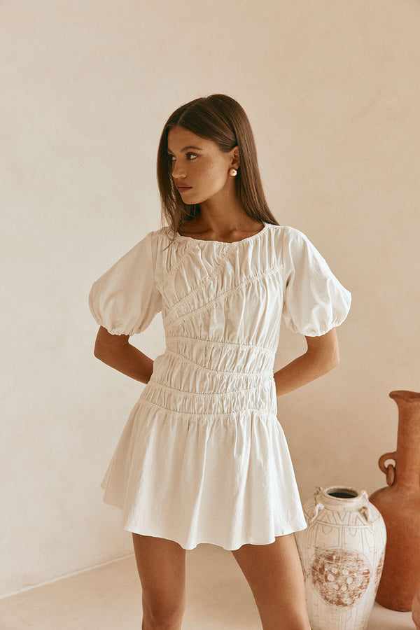 White Cotton Ruched Mini Lou Dress