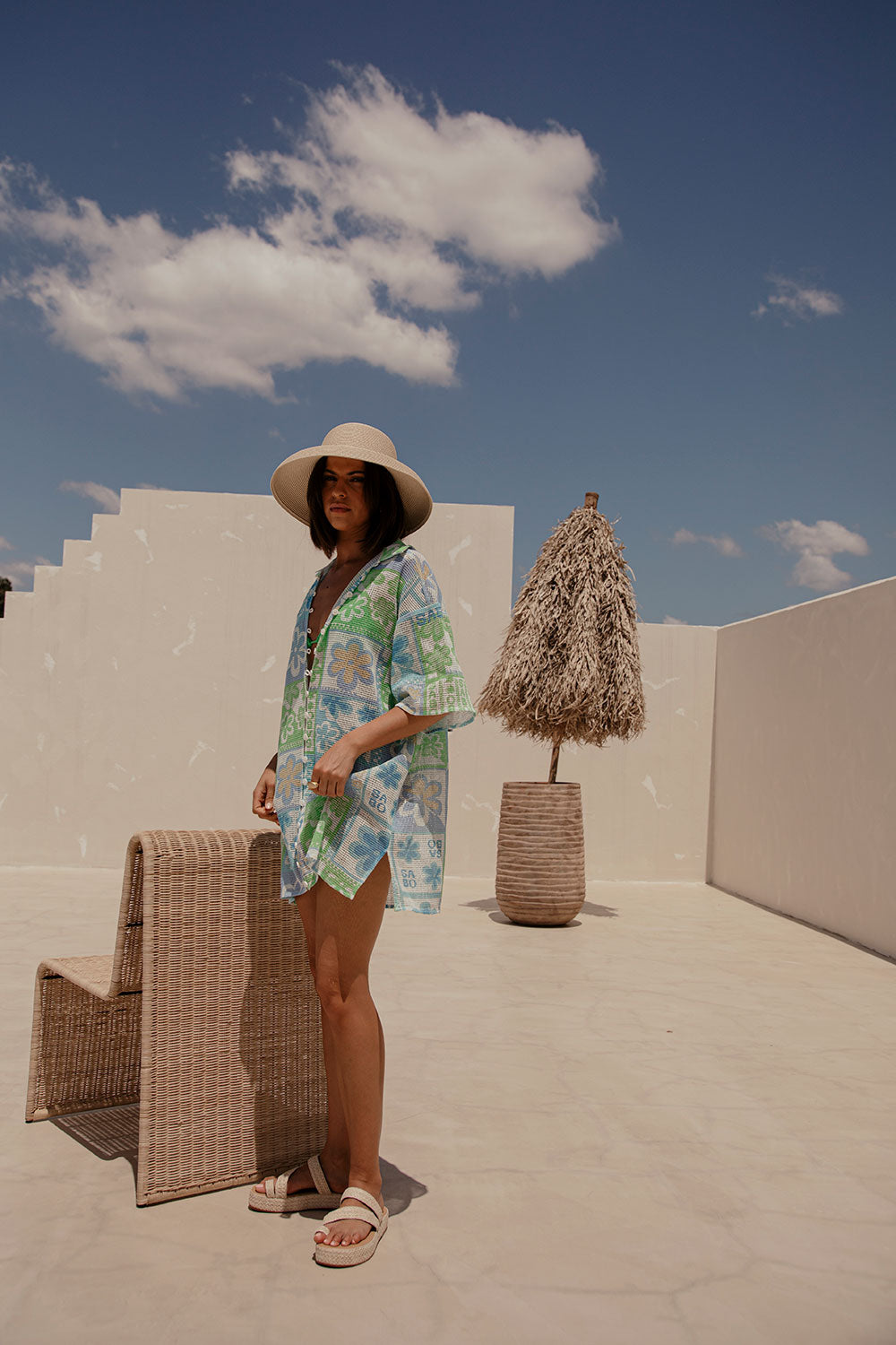 Izzy Short Sleeve Button Up Mini Dress - Verano Floral, Postcard, Blue, Green, White, Yellow