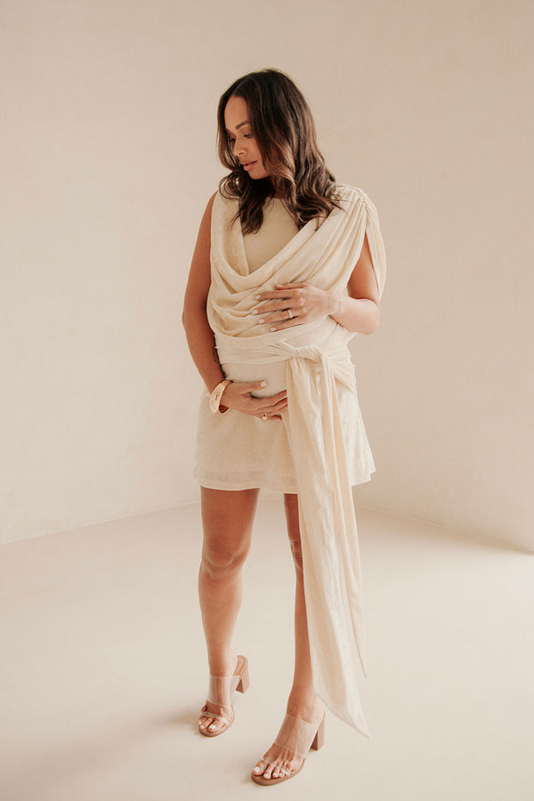 Beige Suede Plunge V Neck Tie Mini June Dress