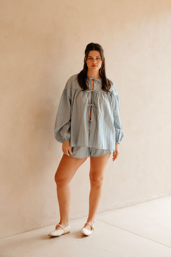 Blue Long Sleeve Round Neck Tie Mina Top