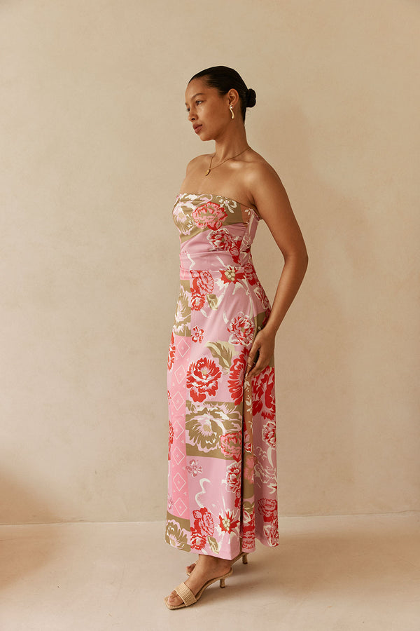 Pink Botanic Patch Floral Strapless Maxi Liberty Dress