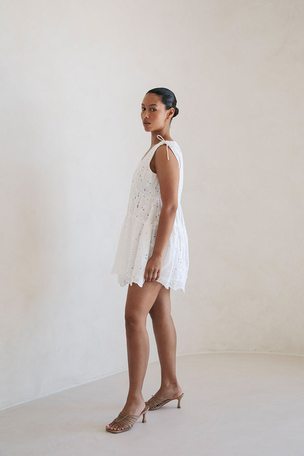 White Button V Neck Mini Kai Dress