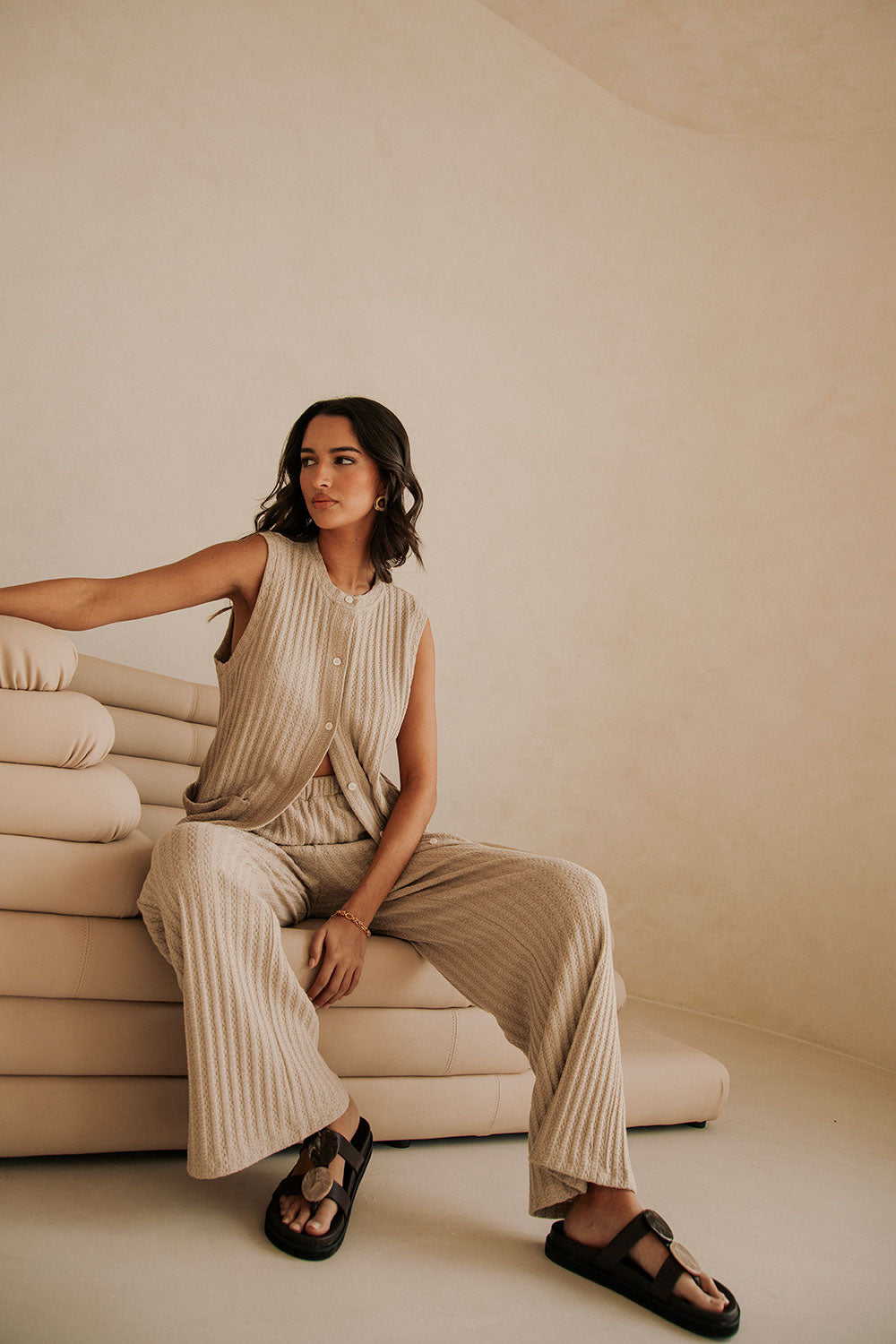 Beige Woven High Waist Wide Leg Eila Pants