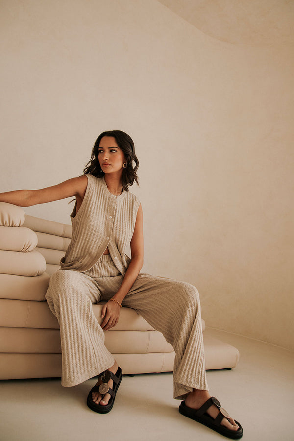 Beige Woven High Waist Wide Leg Eila Pants