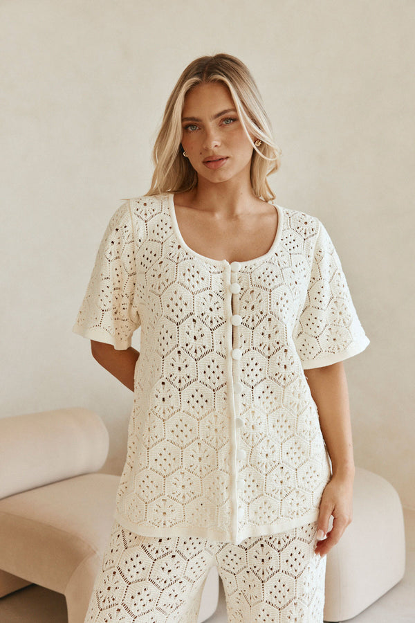 Cream Crochet Knit Button Up Umiko Top