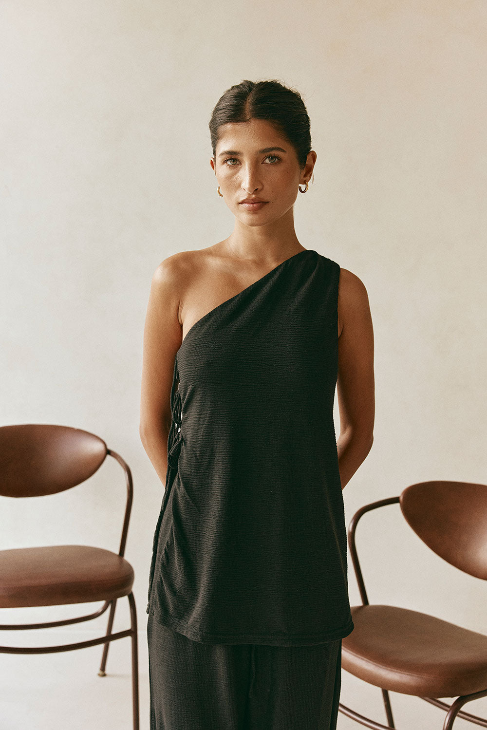 Zen One Shoulder Side Tie Top - Black