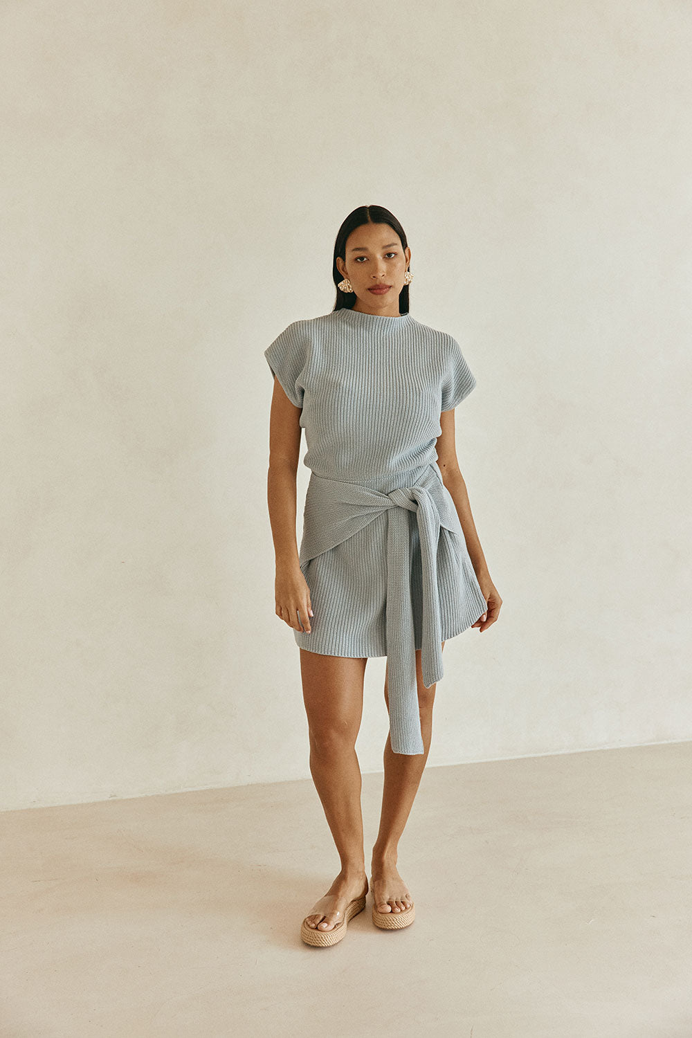 Blue Cotton Knit Draped Mini Lovina Dress
