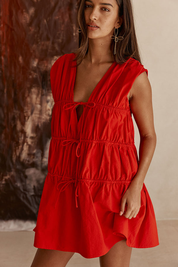 Red Tie Ruched Mini Joslin Dress