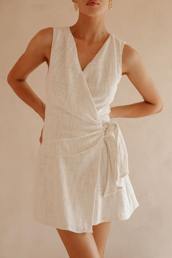 Fallon V Neckline Wrap Mini Dress - White