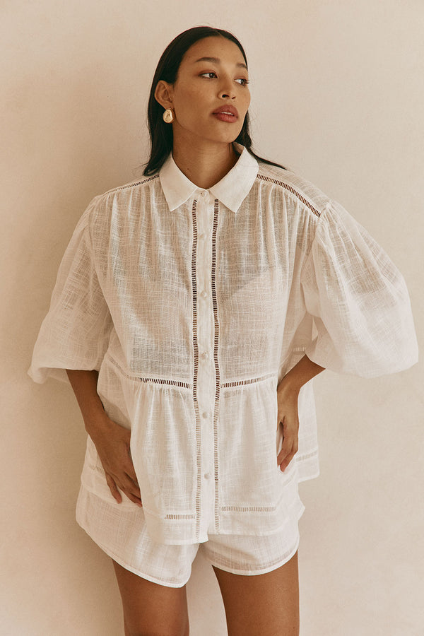 White Cheesecloth Button Up Puff Sleeve Rita Shirt