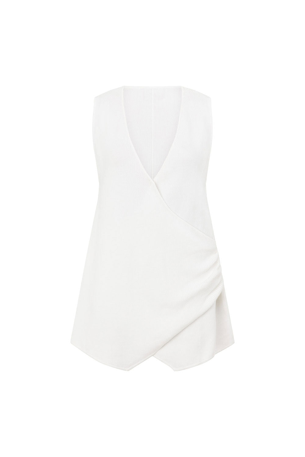 White Asymmetric V Neck Wrap Teah Top