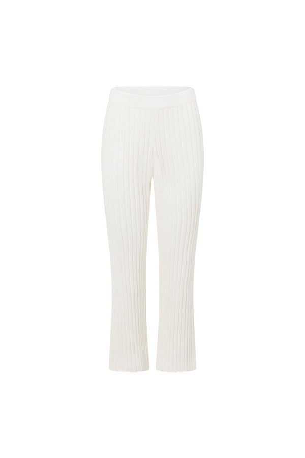 White Ribbed Knit High Waist Elastic Celine Pants