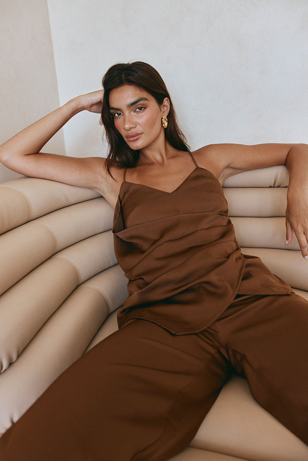 Chocolate Brown Strappy Plunge V Neck Zarah Top