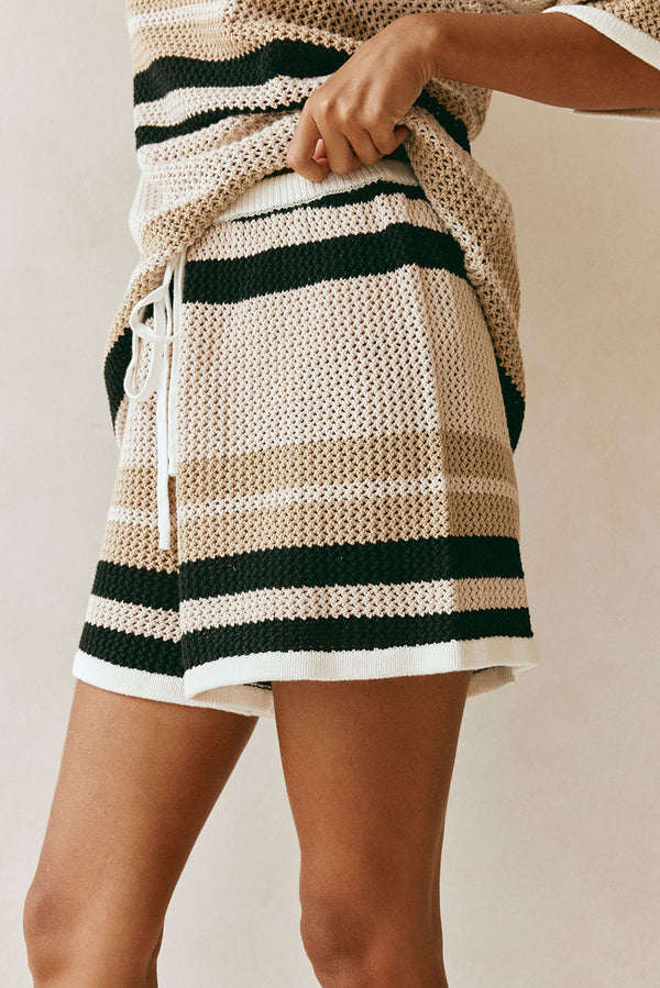 Quinn Elasticated Tie Front Stripe Shorts - Tan, Beige, Black Stripe