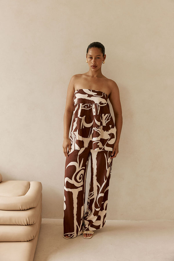 Brown and Cream Painted Tiles Strapless Presley Top