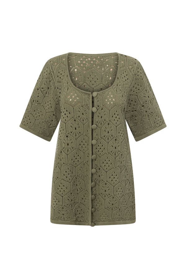 Khaki Green Crochet Knit Button Up Umiko Top