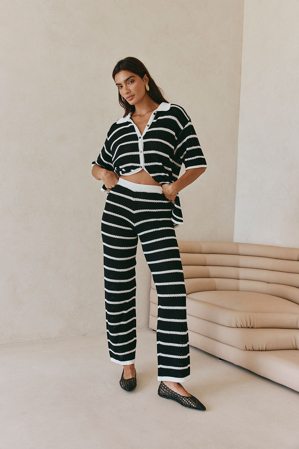 Black And White Stripe Elastic Mia Pants