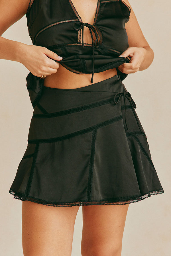 Black Silky Drawstring Mini Sable Skirt