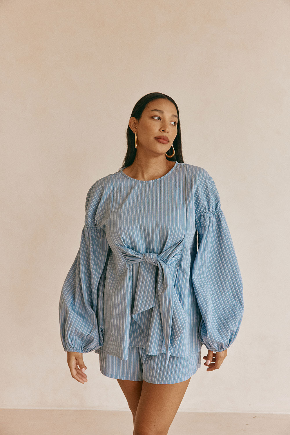 Blue Stripe Elastic Drawstring Hailey Shorts