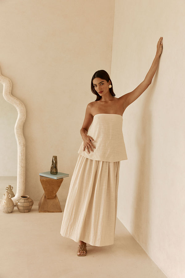 Beige Boxy Pleated Maxi Aviana Dress