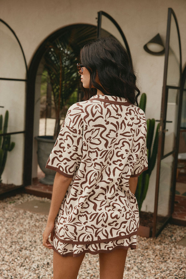 Cream And Brown Floral Button Up Collar Sarai Top