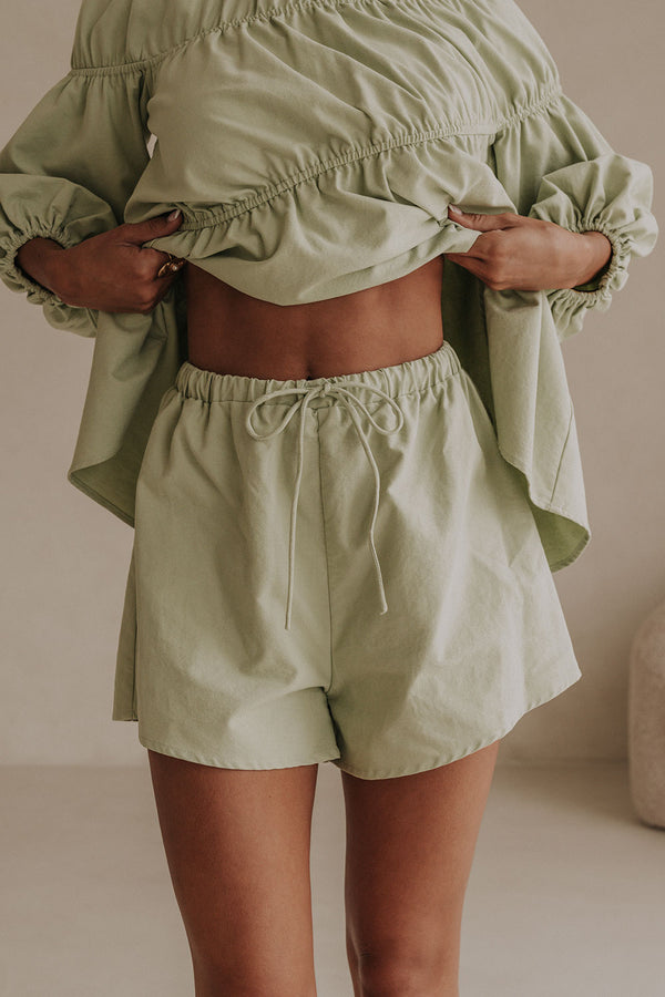 Mint Green High Waist Elastic Drawstring Akel Shorts