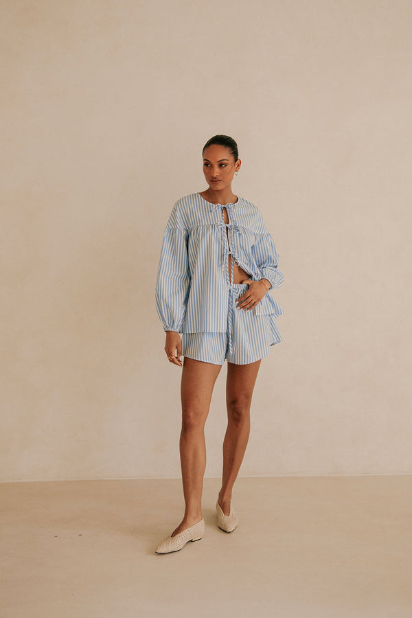Pennie Long Sleeve Tie Top - Blue, White Stripe