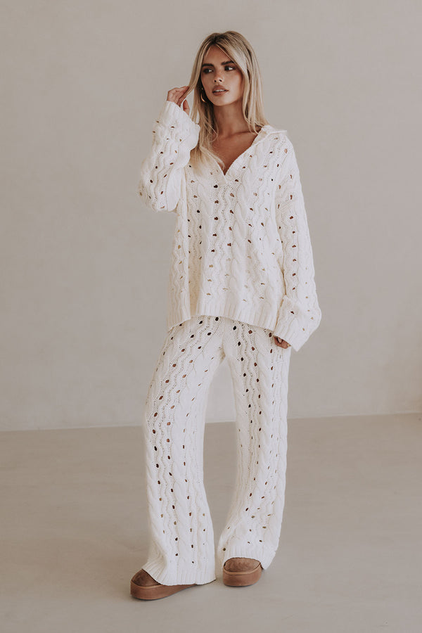 Cream Cable Knit Long Sleeve Collar Elana Sweater