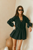 Ava Flounce Long Sleeve Mini Tie Dress - Black